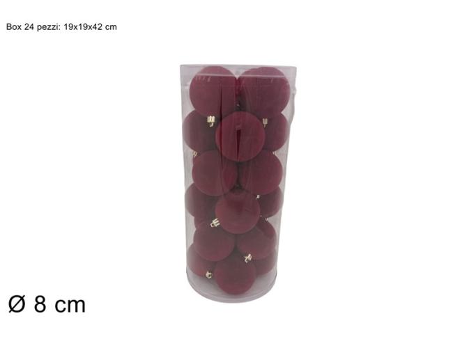 Palline 8 cm 24 pz effetto floccato bordeaux