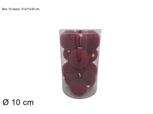 Palline 10 cm 12 pz effetto floccato bordeaux