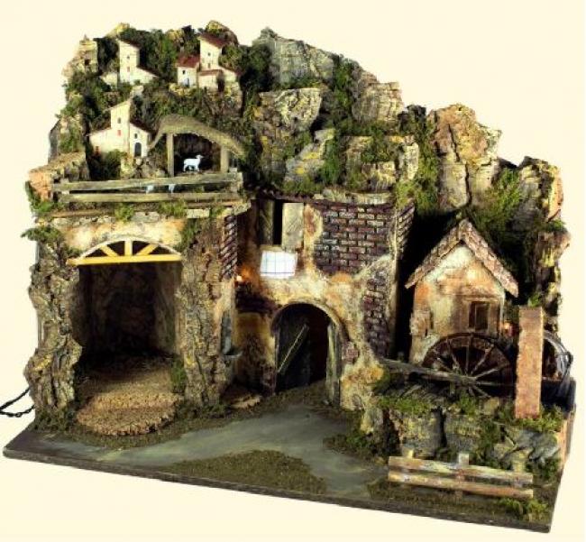 Presepe cm 60x34x44 con luci e mulino ad acqua c/pompa