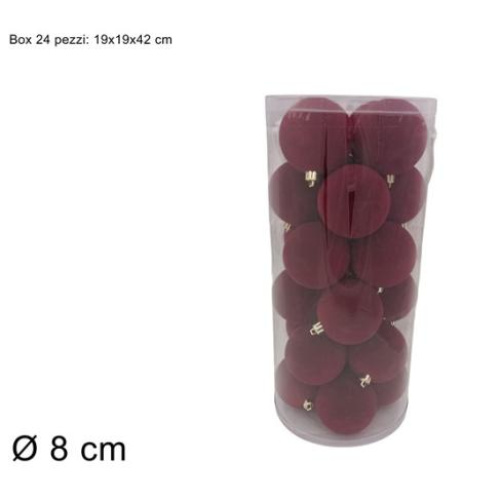 Palline 8 cm 24 pz effetto floccato bordeaux