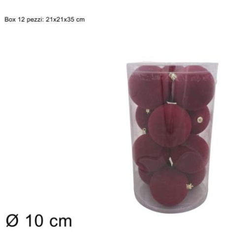 Palline 10 cm 12 pz effetto floccato bordeaux